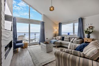 Waterfront apartment living area overlooking the sea